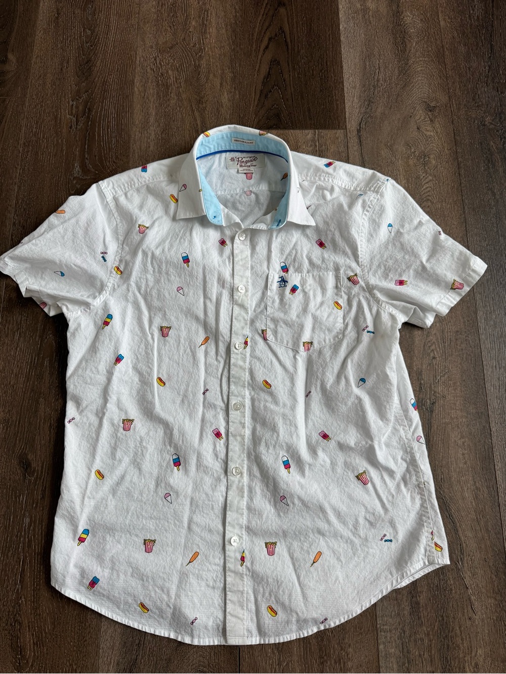 Penguin Short-Sleeve White Summer Patterned Men's Shirt Size Medium